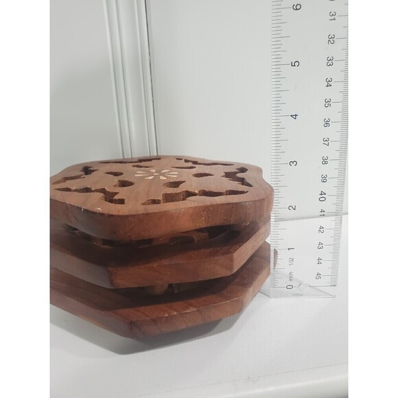 Lot of 3 Vintage Hand Carved Solid Wood Octagon Folk Art Trivet India - Picture 8 of 9